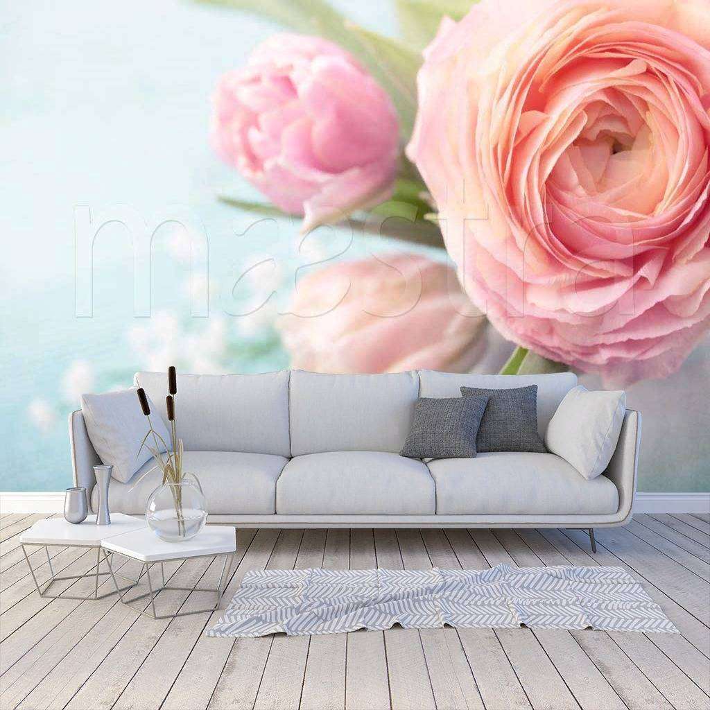Фотообои в интерьере розовое на голубом  9-100 фото