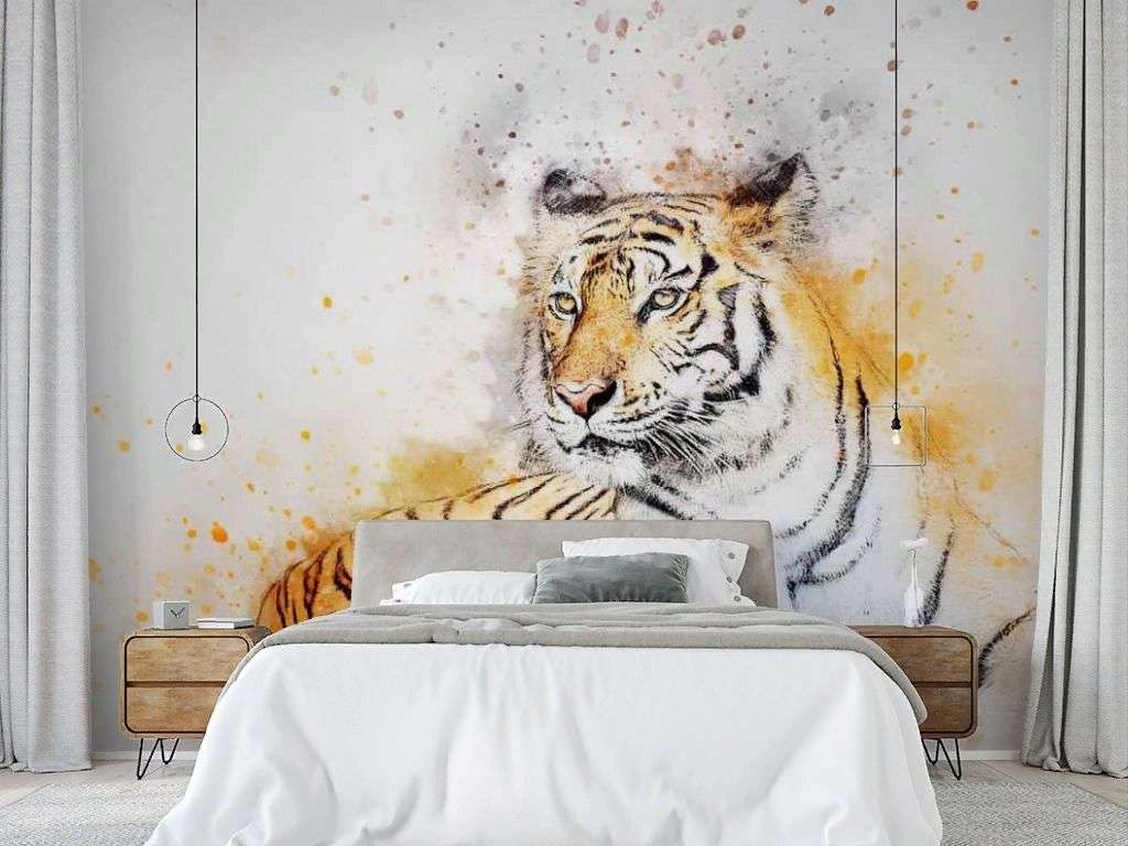 Фотообои в интерьере рисунок тигра акварелю  17-4365 фото