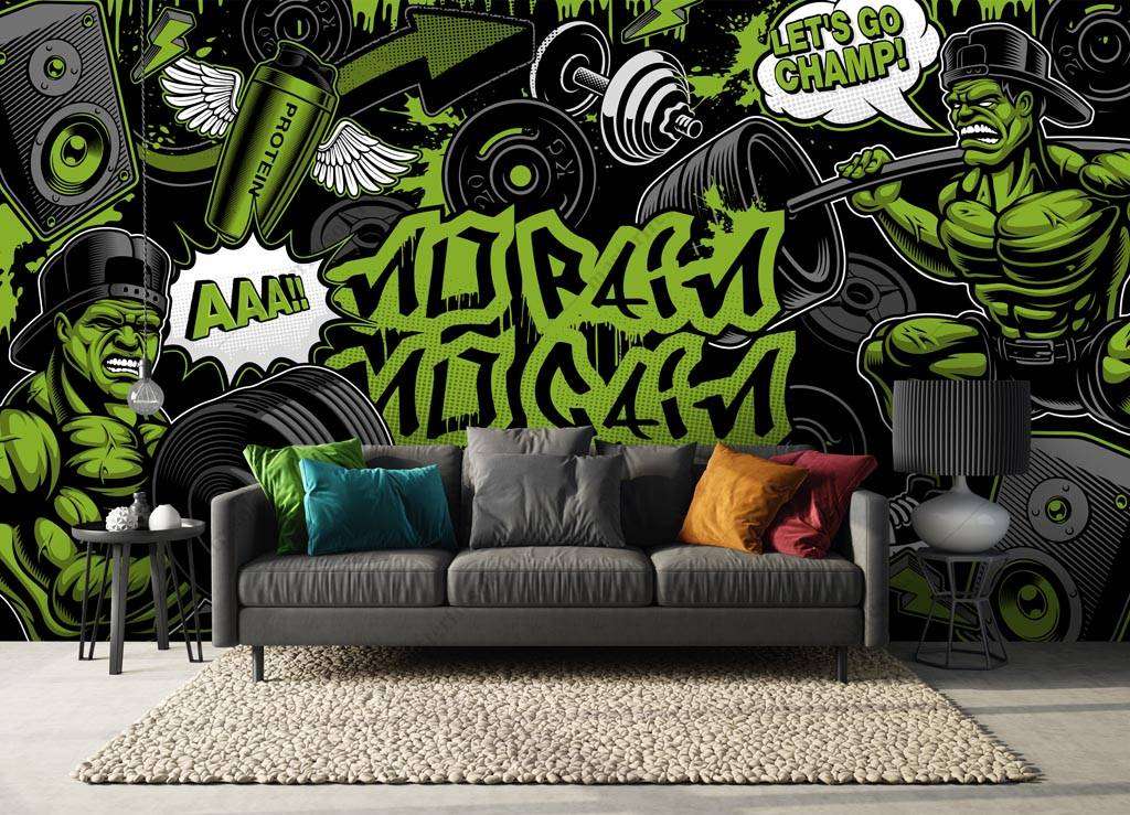 Фотообои в интерьере черно-зеленое граффити  12-1284 фото