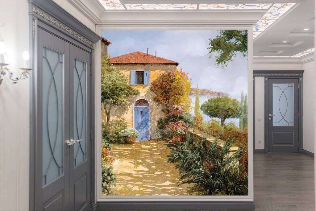 Фотообои в интерьере тихий солнечный дворик с видом на море  8-079 фото