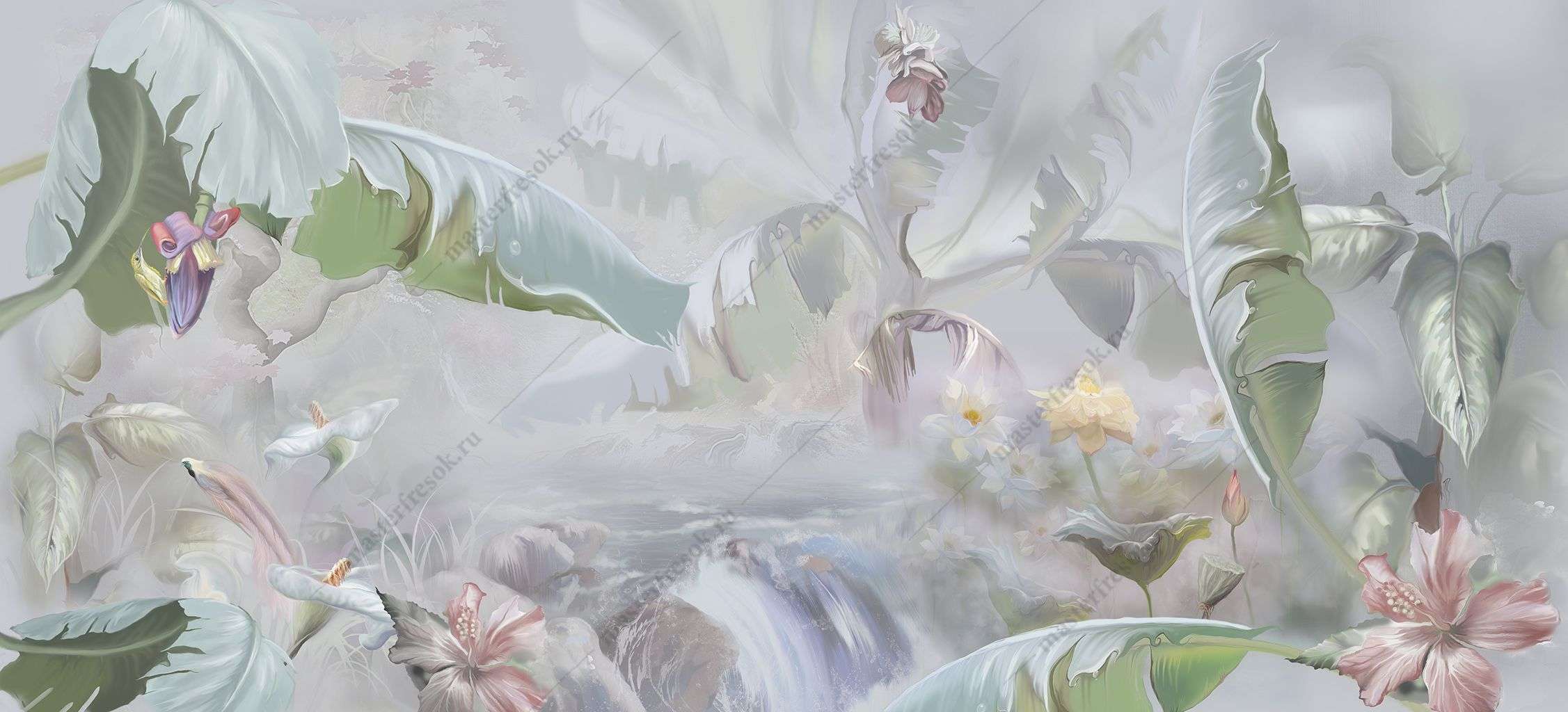 Фотообои в интерьере цветы в тропических листьях  13-389 фото