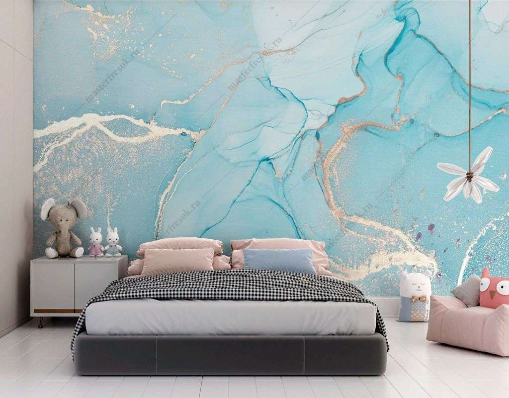 Фотообои в интерьере мрамор голубой с золотом  9-1783 фото