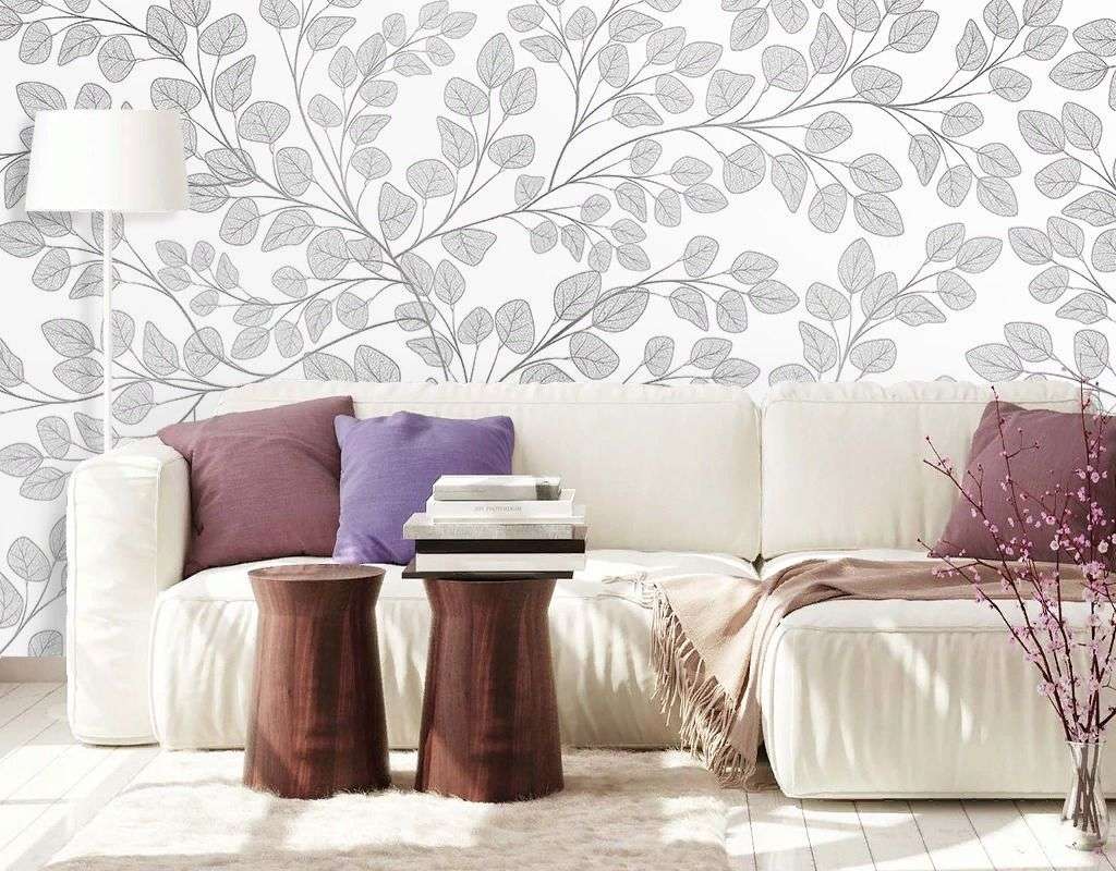 Фотообои в интерьере в спальню листочки серые на белом фоне  9-1982 фото