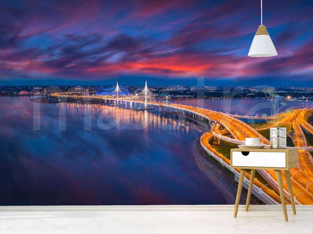 Фотообои в интерьере ночные огни на мосту в санкт петербурге  9-627 фото