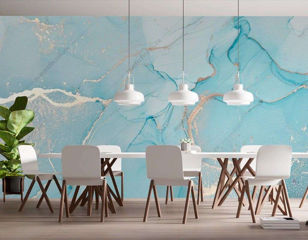 Фотообои в интерьере мрамор голубой с золотом  9-1783 фото