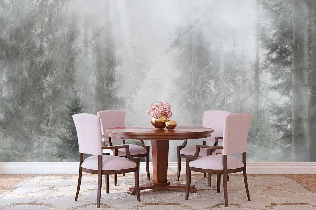 Фотообои в интерьере еловый туманный лес  13-351 фото