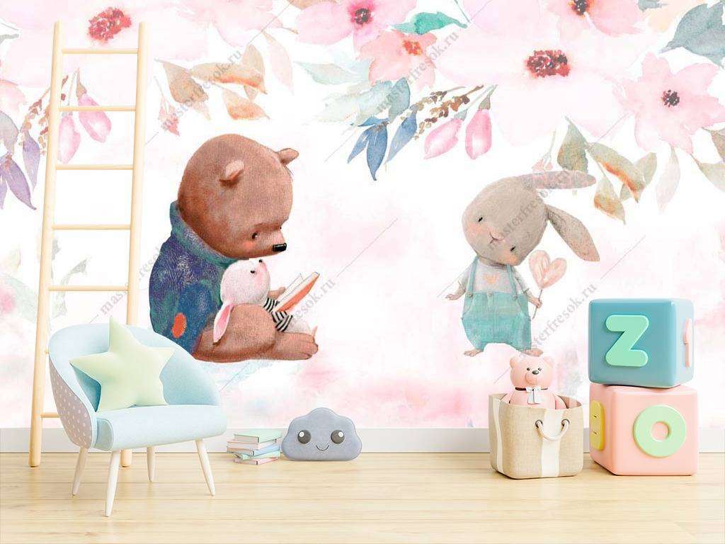 Фотообои в интерьере медвежонок и зайка  14-018 фото
