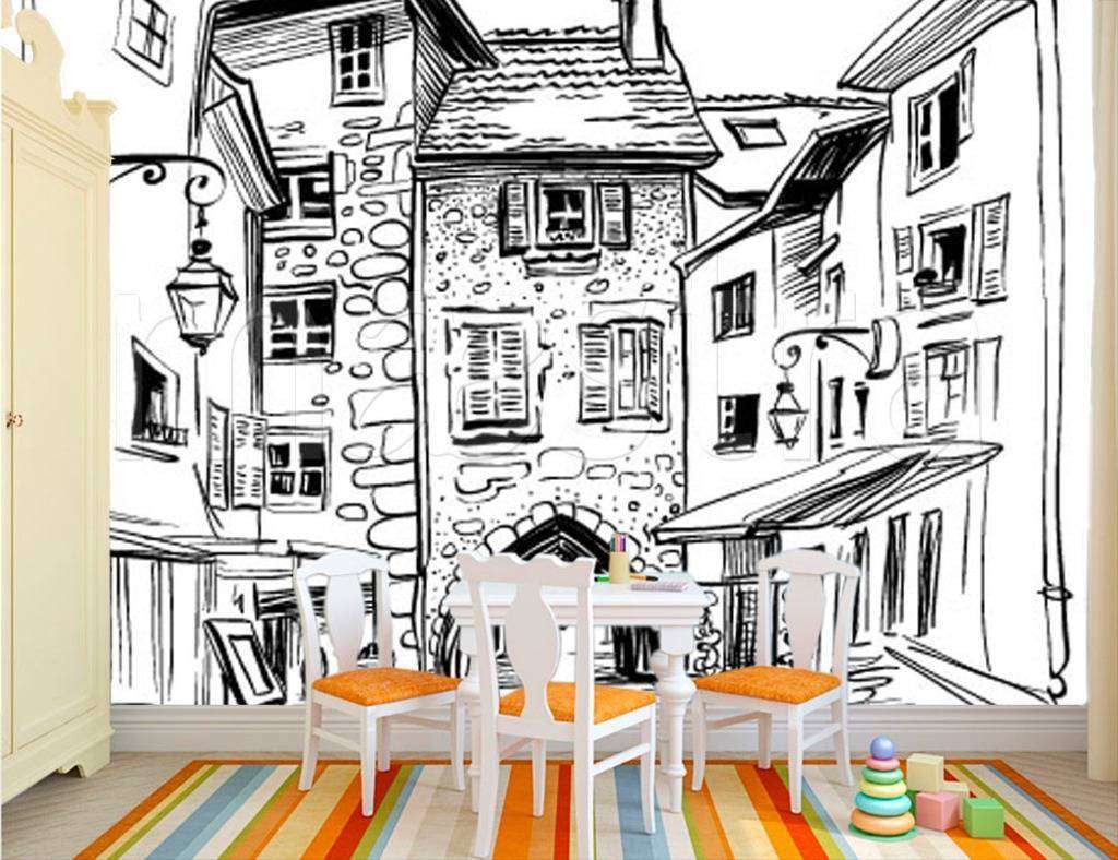 Фотообои в интерьере домики рисунок графика  12-500 фото