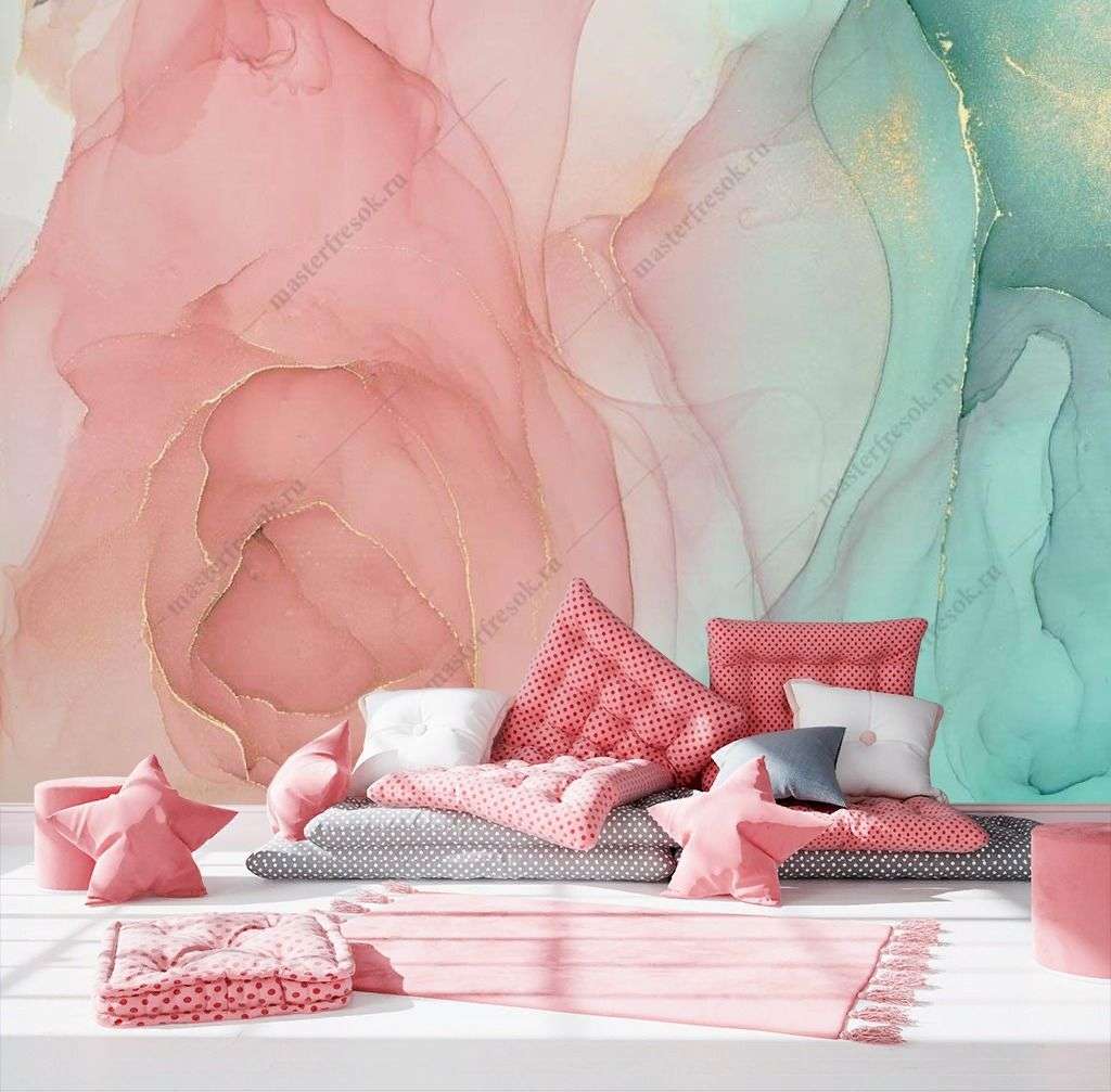 Фотообои в интерьере розово-зеленый флюид  9-1320 фото