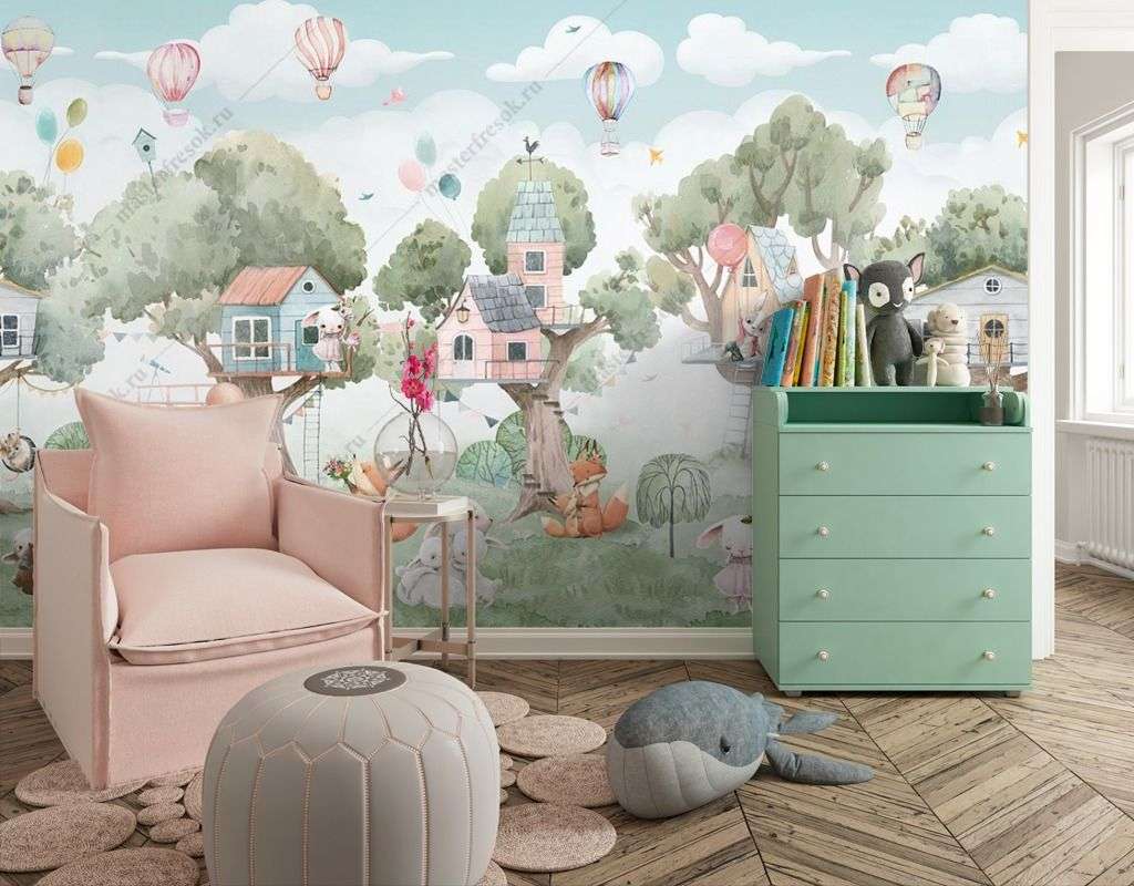 Фотообои в интерьере деревья и животные с домиками  14-371 фото