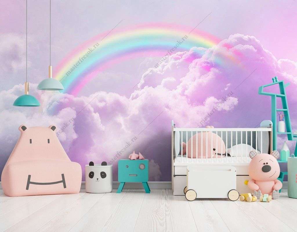 Фотообои в интерьере радуга в облаках  14-358 фото