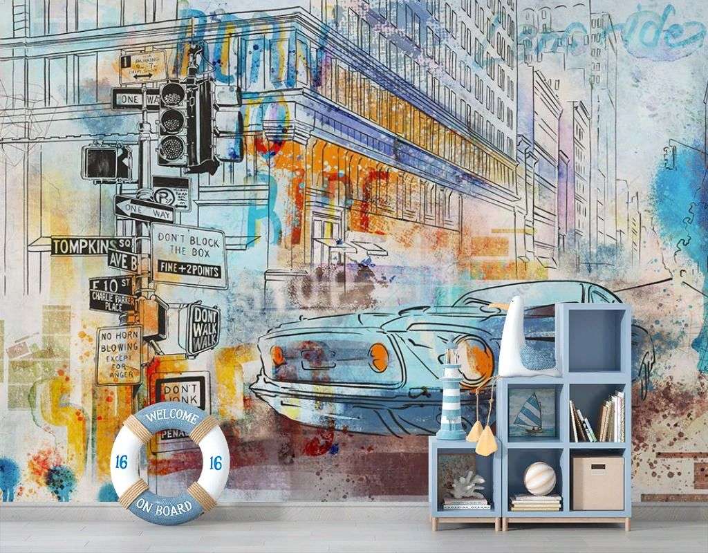 Фотообои в интерьере машина графити акварель  12-1437 фото