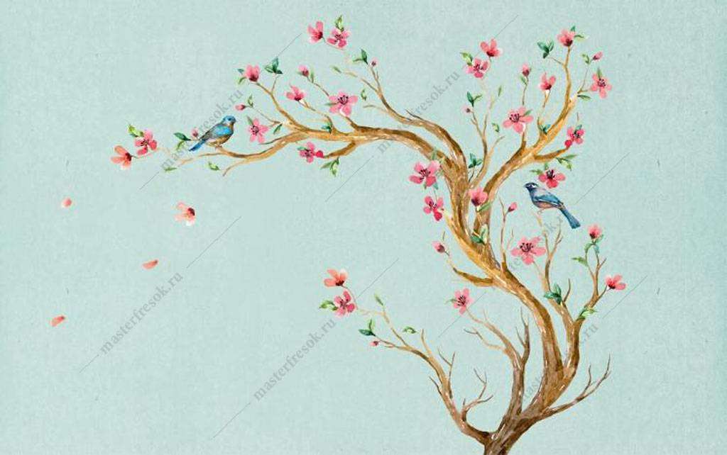 Фотообои в интерьере яркая сакура  15-952 фото