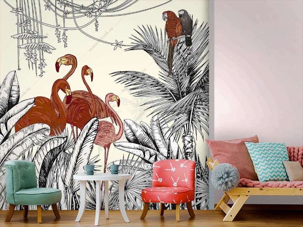 Фотообои в интерьере фламинго и попугаи в тропиках  12-1548 фото