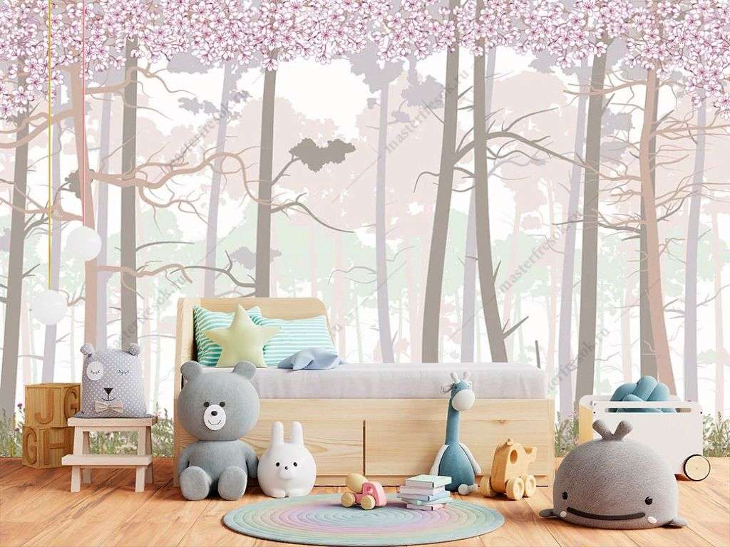 Фотообои в интерьере цветение сакуры в сказочном лесу  14-458 фото
