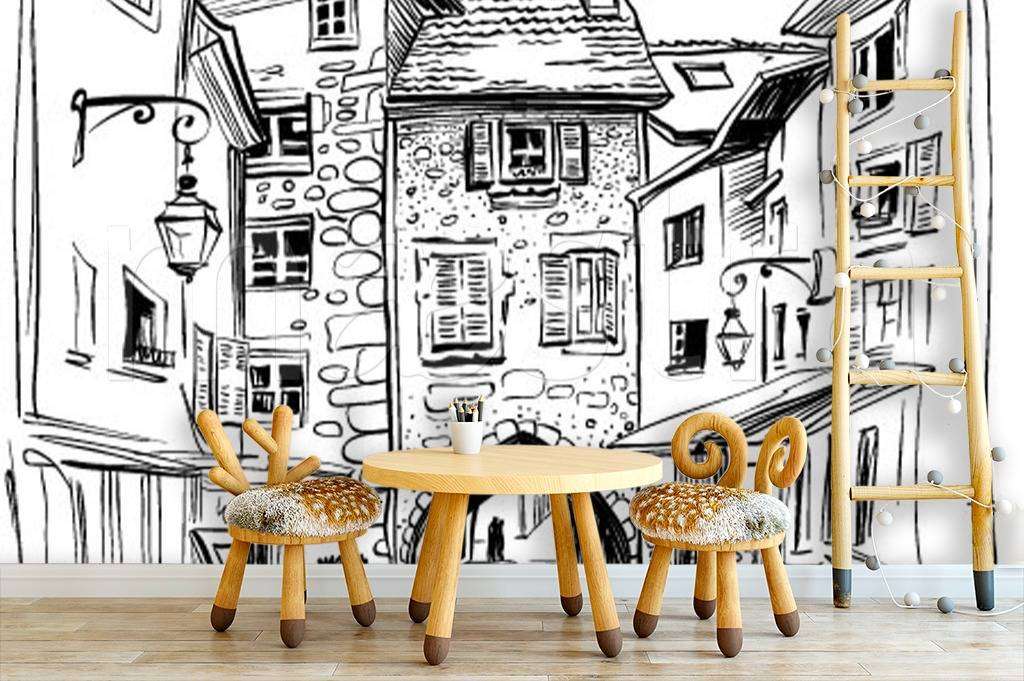 Фотообои в интерьере домики рисунок графика  12-500 фото
