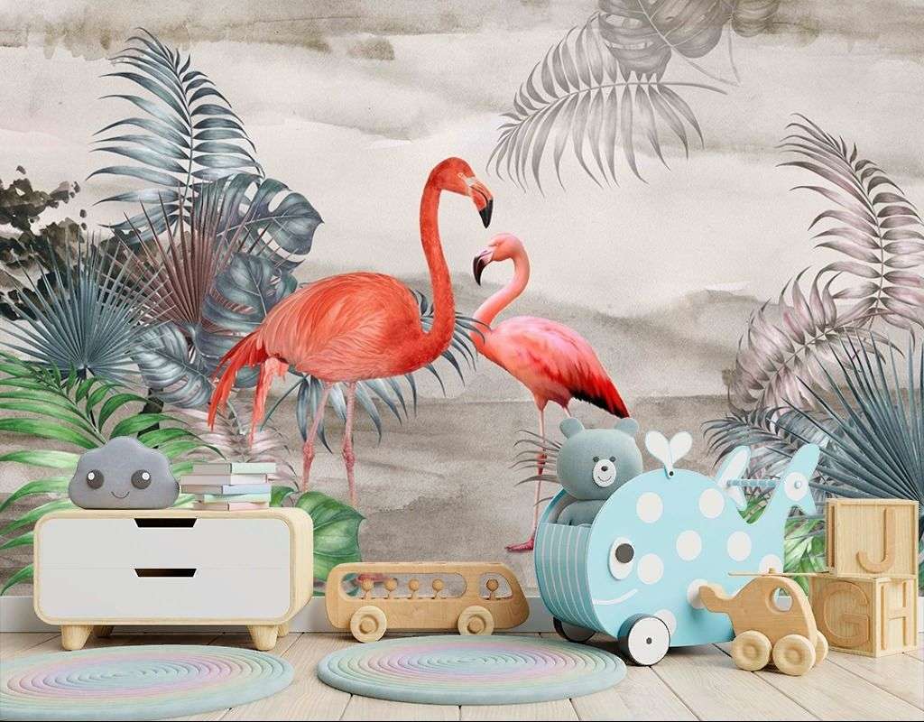 Фотообои в интерьере фламинго в папоротниках  9-2038 фото