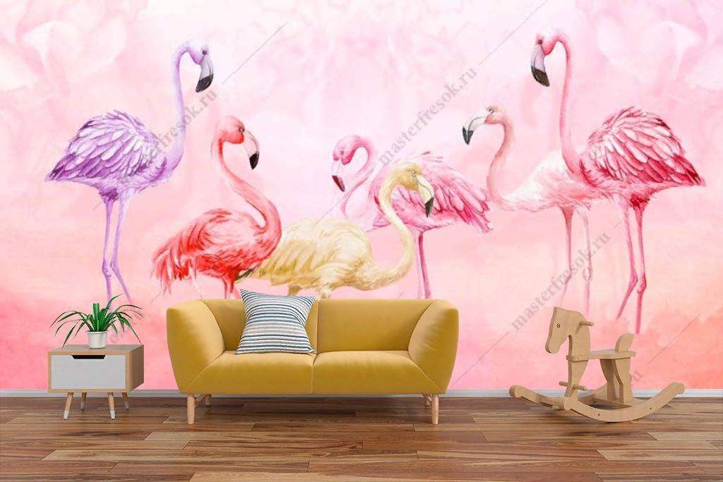 Фотообои в интерьере фламинго на розовом фоне  12-1204 фото