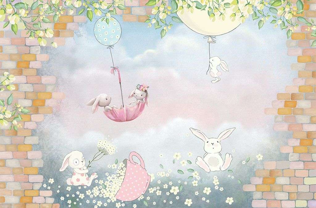 Фотообои в интерьере зайки в зонтике и крпичная стена  14-643 фото