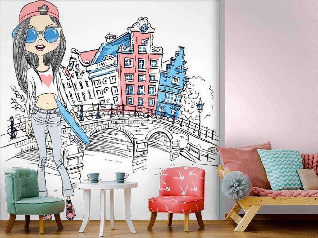 Фотообои в интерьере девочка в городе  12-492 фото