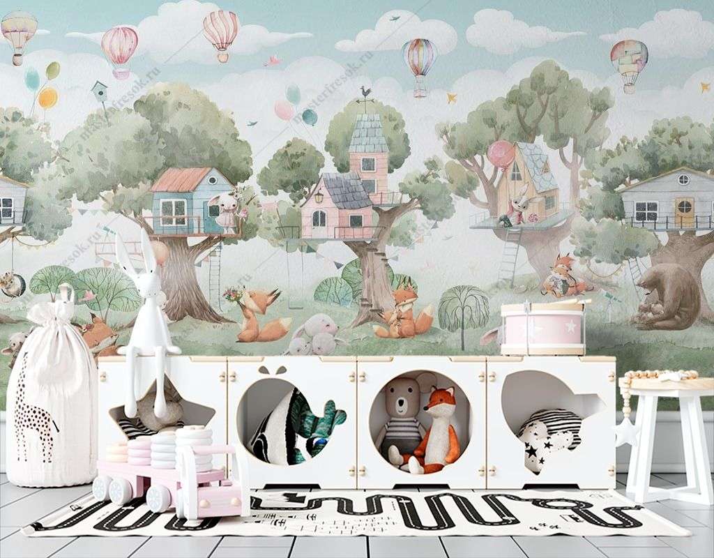 Фотообои в интерьере деревья и животные с домиками  14-371 фото