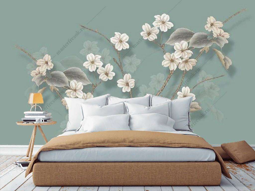 Фотообои в интерьере белые цветы сакуры  15-934 фото