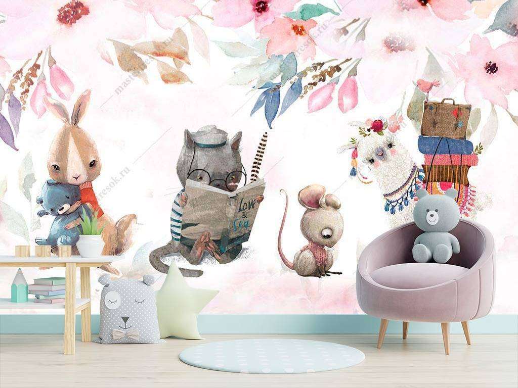 Фотообои в интерьере детские иллюстрации с цветами  14-006 фото