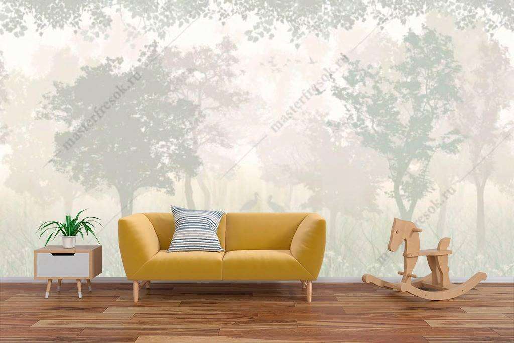 Фотообои в интерьере летний лес в тумане  14-130 фото