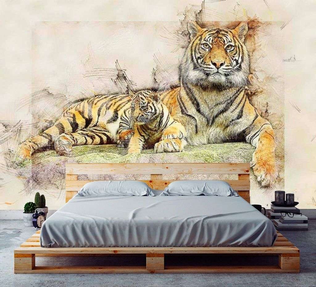 Фотообои в интерьере тигр с тигрёнком  17-4297 фото