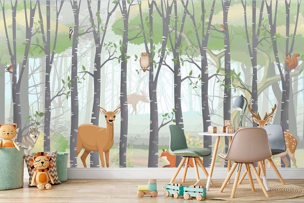 Фотообои в интерьере лес с животными в детскую  14-514 фото