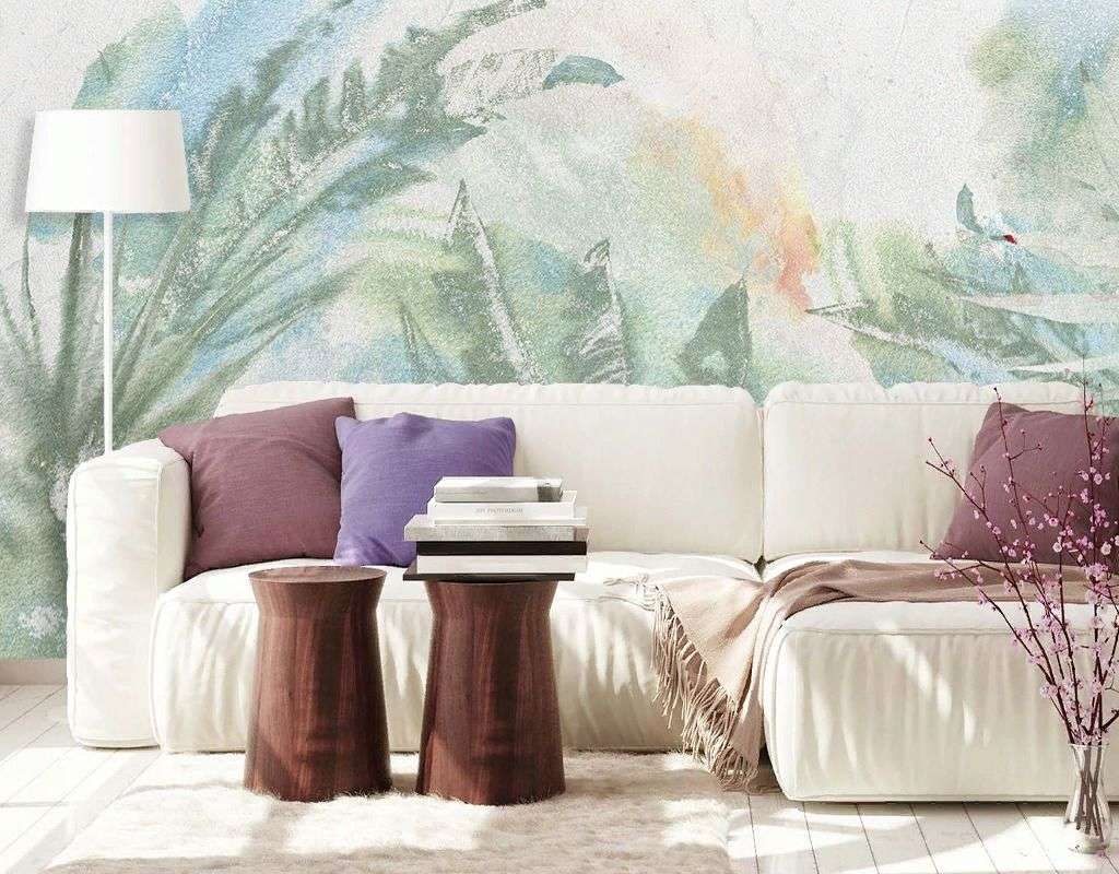 Фотообои в интерьере листья рисунок акварелью  9-1987 фото