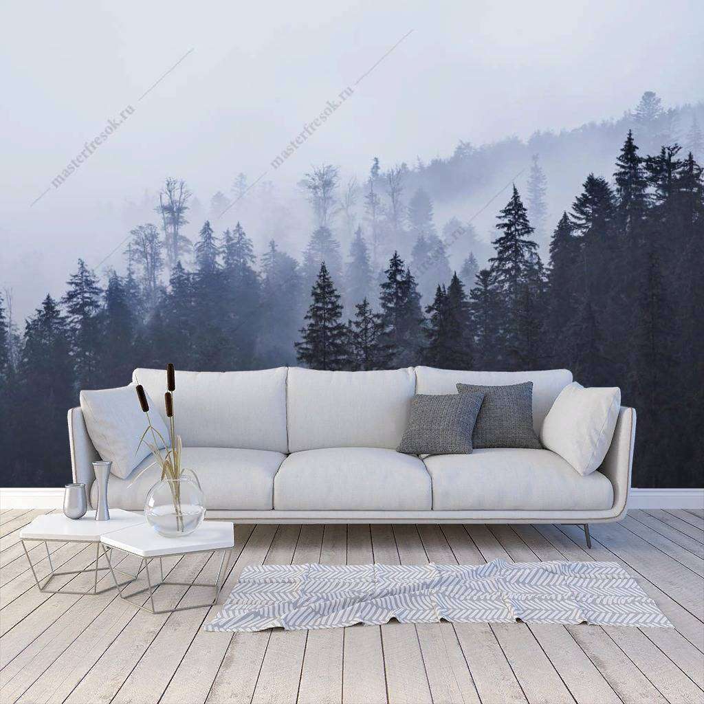 Фотообои в интерьере еловый лес в тумане  9-1170 фото