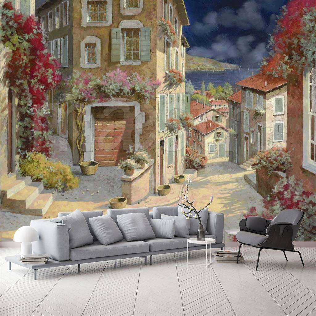 Фотообои в интерьере старинная улочка с грозовыми тучами  8-007 фото