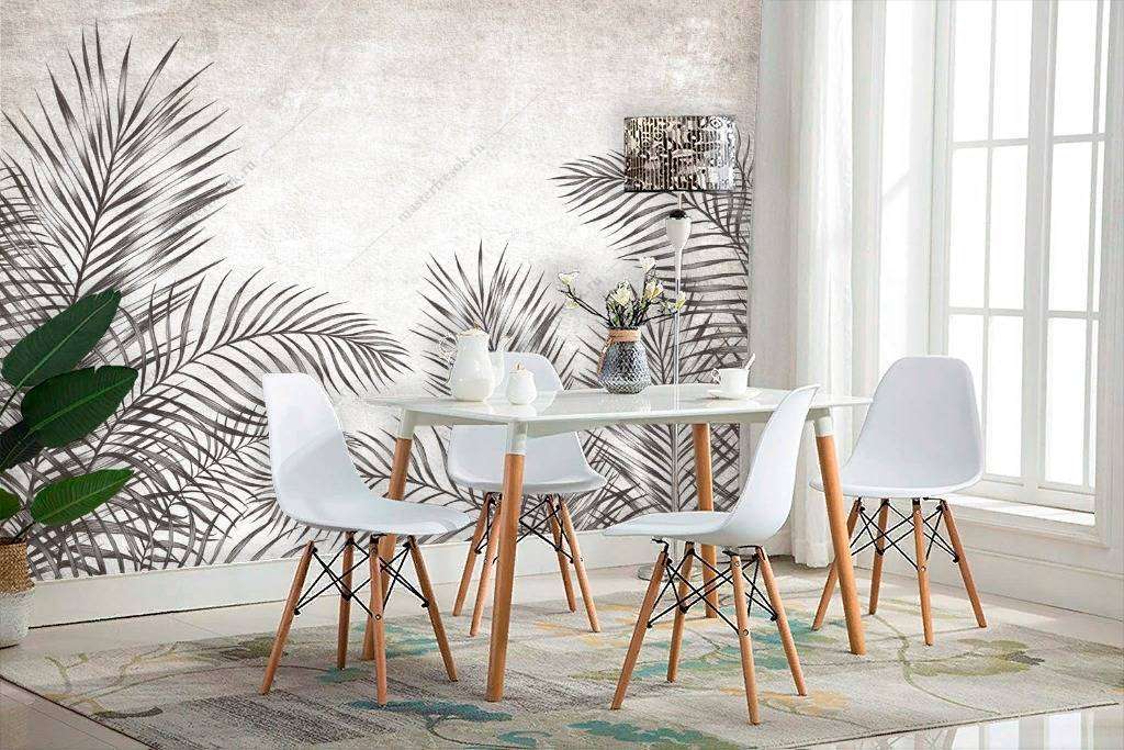 Фотообои в интерьере черно-белые листья  10-761 фото