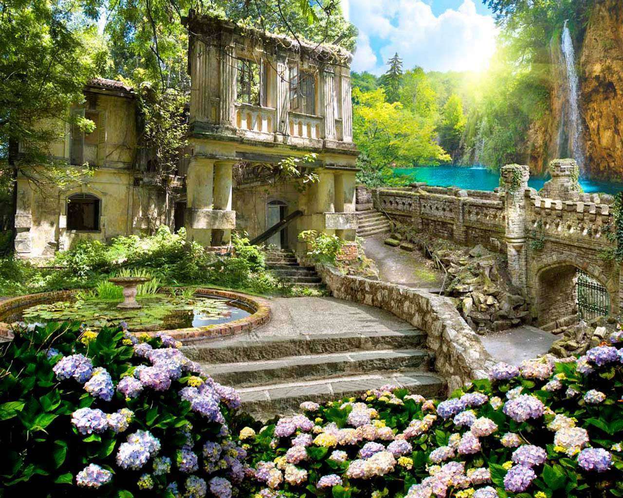 Фотообои в интерьере заброшенная усадьба с прудом  5-029 фото