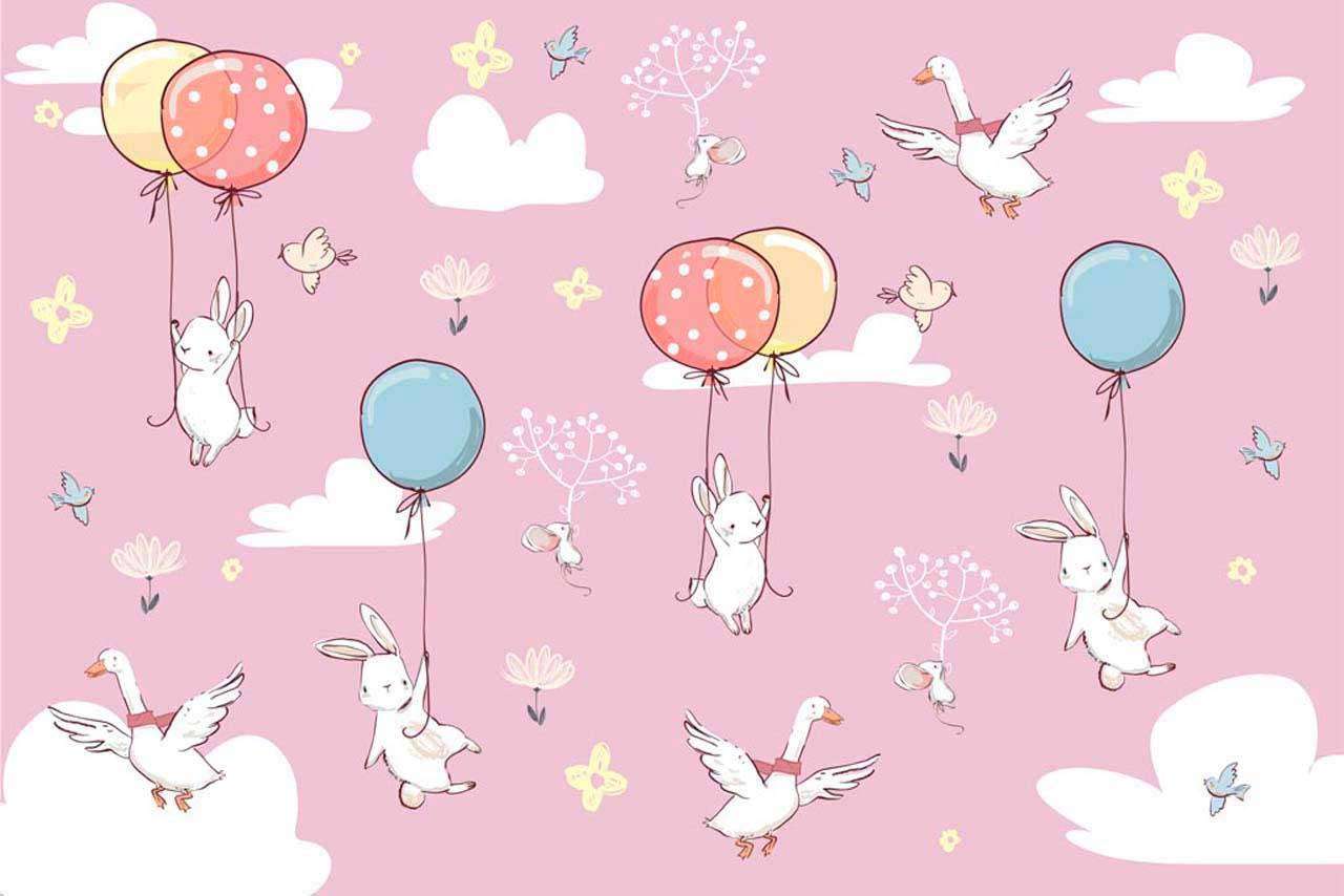 Фотообои в интерьере птицы и кролики в облаках на воздушных шарах  12-402 фото