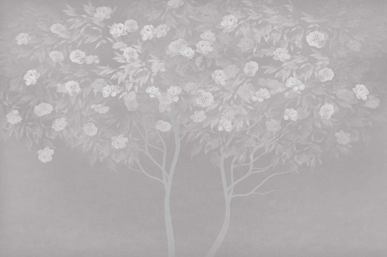 Фотообои в интерьере дерево цветущее на сером фоне  13-586 фото