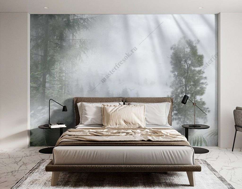 Фотообои в интерьере лучи солнца в туманном лесу  13-465 фото