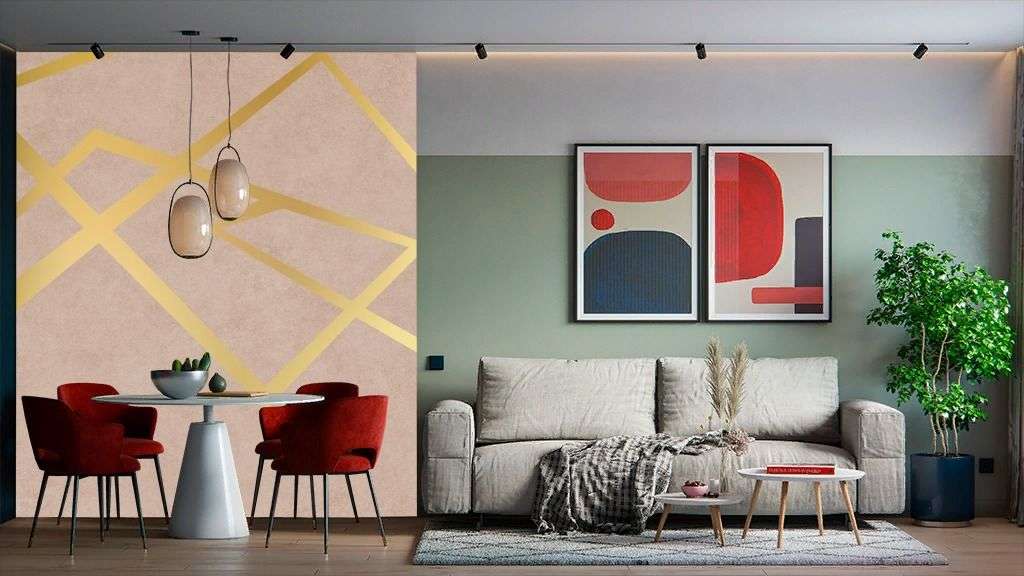 Фотообои в интерьере золотые линии на розовом  9-2058 фото