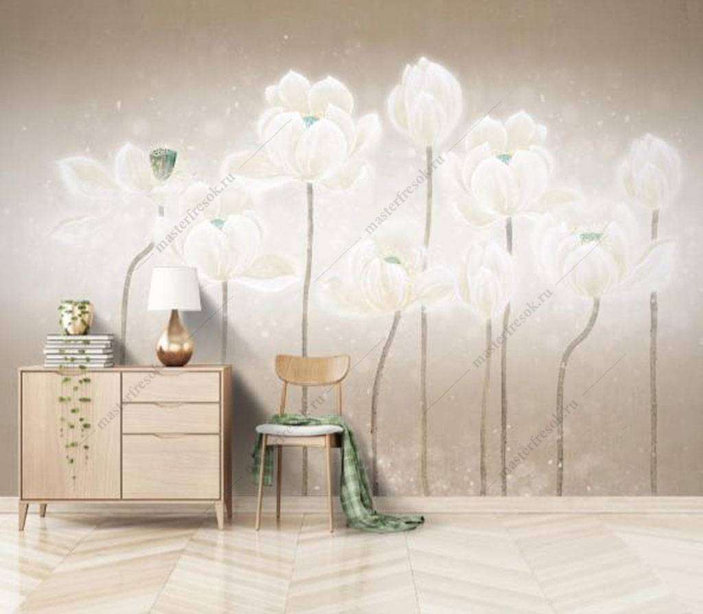 Фотообои в интерьере белые тюльпаны  15-903 фото