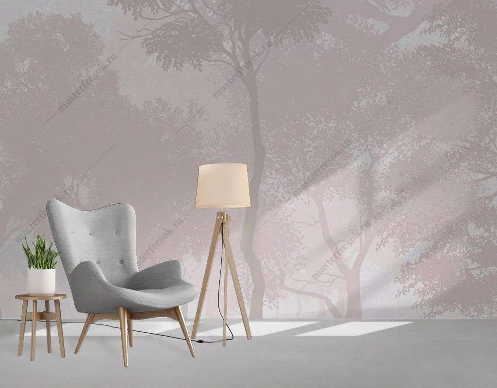 Фотообои в интерьере лес в бежевой дымке  12-1540 фото
