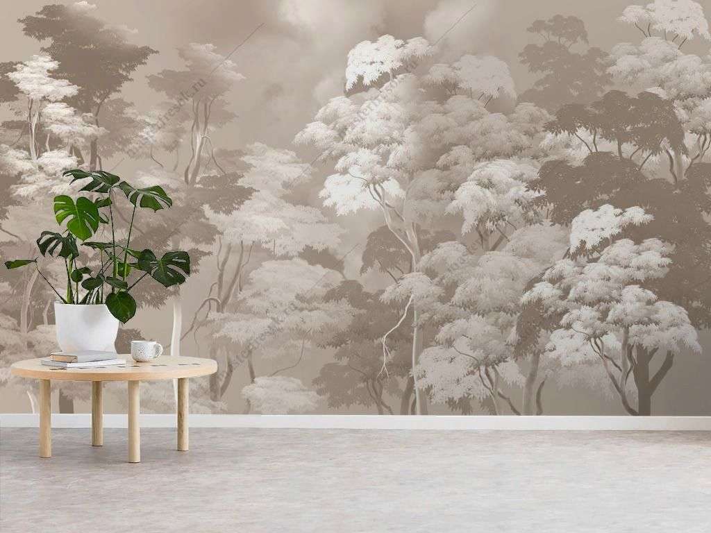 Фотообои в интерьере лес светло-серые тона  13-635 фото