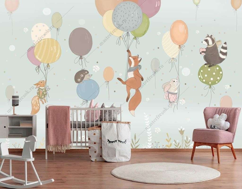 Фотообои в интерьере лисичка с друзьями на шариках  14-680 фото