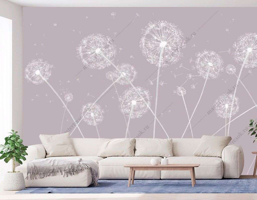 Фотообои в интерьере одуванчики на розовом фоне  14-527 фото