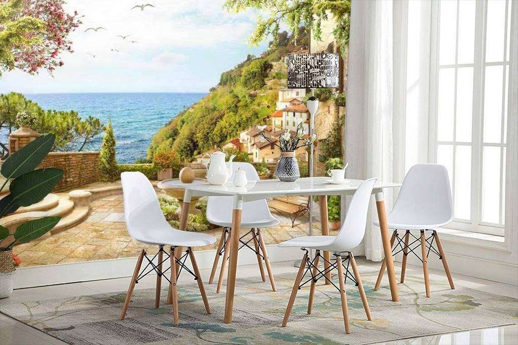 Фотообои в интерьере терраса с фонтаном у моря  17-0115 фото