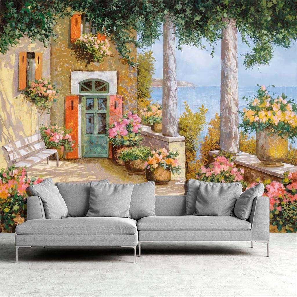 Фотообои в интерьере дворик с красивыми цветами и видом на море  8-078 фото