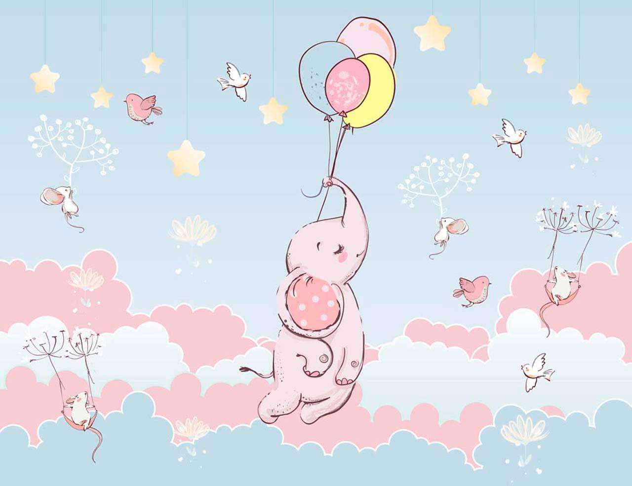 Фотообои в интерьере слон парит в облаках на голубом фоне  12-411 фото