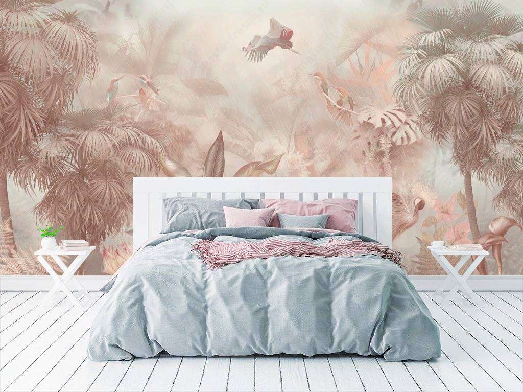 Фотообои в интерьере розовые тропики  13-267 фото