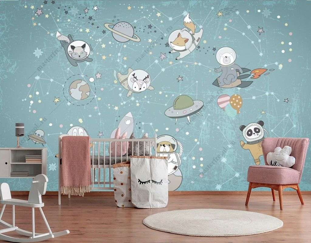 Фотообои в интерьере космос детский с животными  14-669 фото