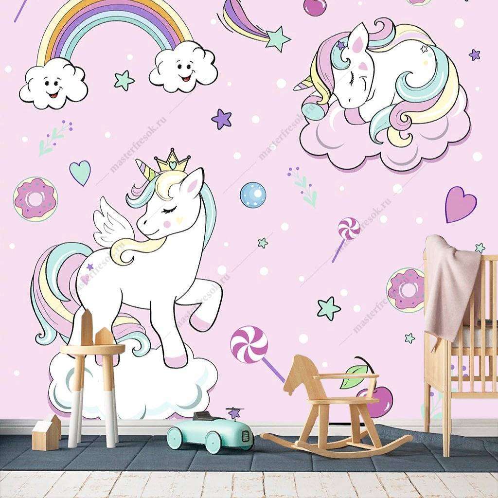 Фотообои в интерьере единорог на облаках на розовом фоне  12-416 фото